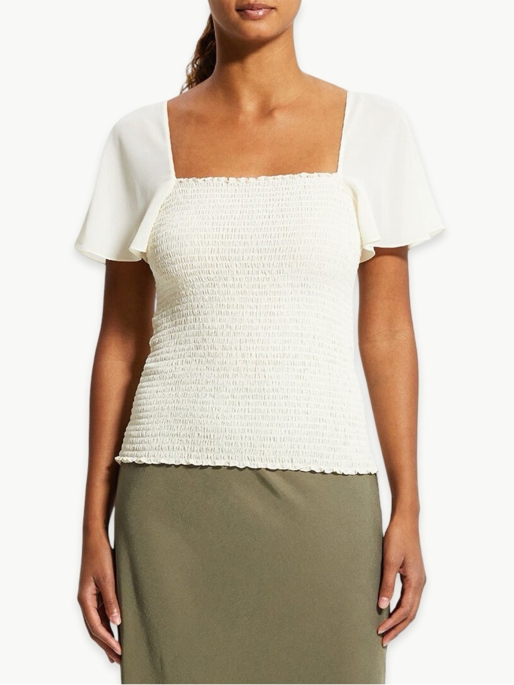 Theory Smocked Top SIze Medium Ivory Cropped Minimalist Recycled